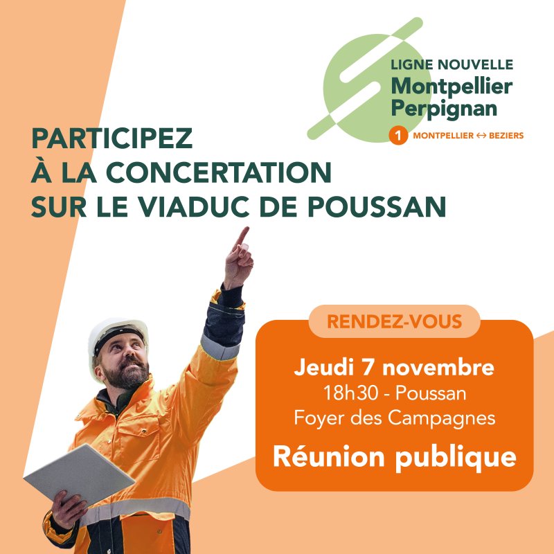 Une réunion grand public, organisée par le comité dédié au projet « Ligne Nouvelle Montpellier-Perpignan », aura lieu jeudi 7 novembre à 18h30 au Foyer des campagnes de Poussan.