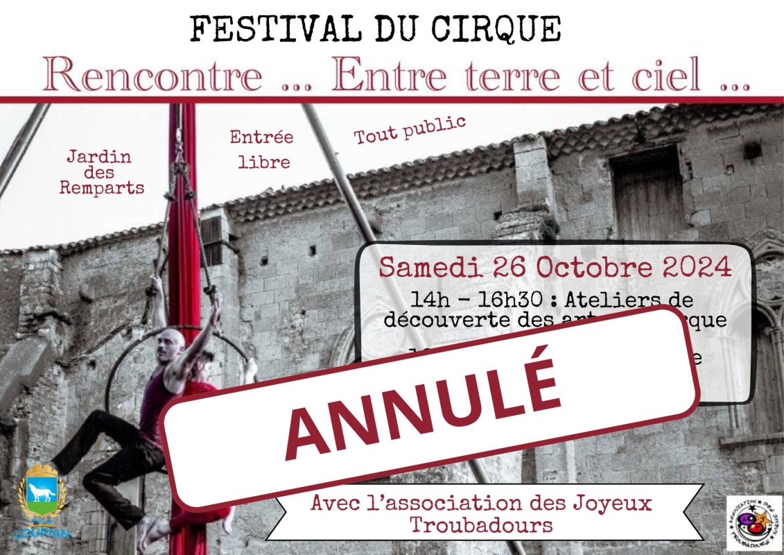 Nous sommes malheureusement dans l'obligation d'annuler le Festival du cirque prévu le samedi 26 Octobre et nous le regrettons. Un imprévu empêche la venue de la compagnie de cirque.