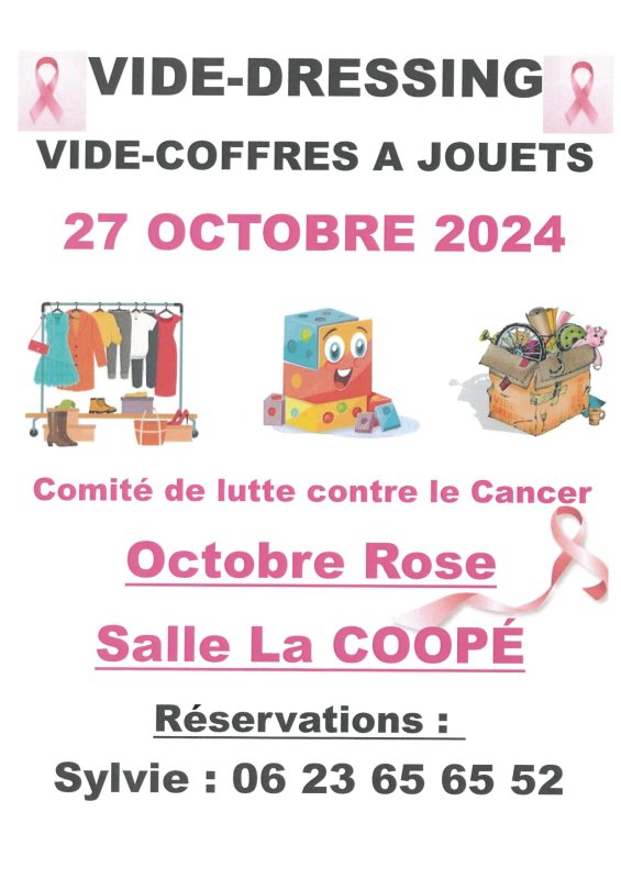 Octobre Rose. Comité de lutte contre le cancer. Vide-dressing et vide-coffres à jouets. 27 Octobre 2024.