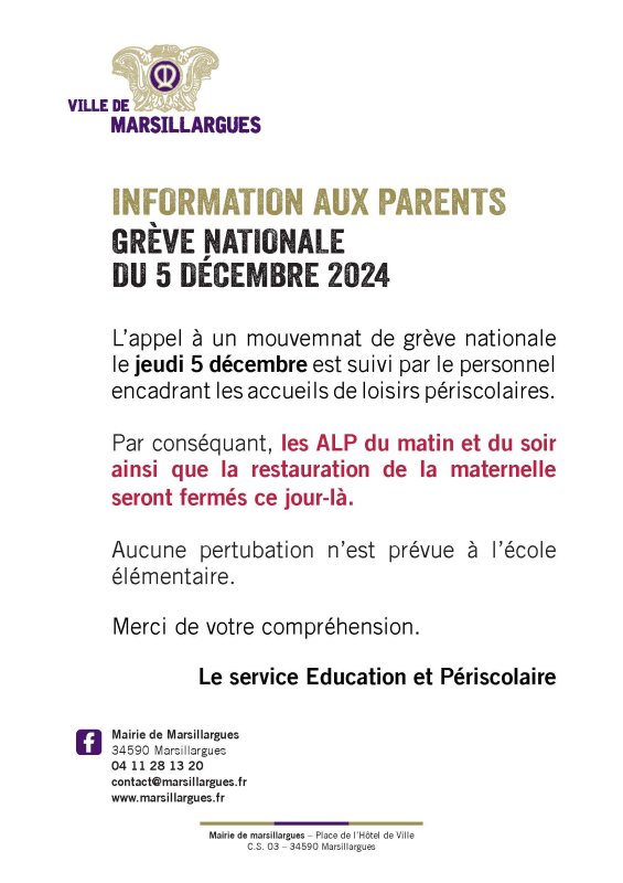 INFORMATION AUX PARENTS : grève du jeudi 5 décembre