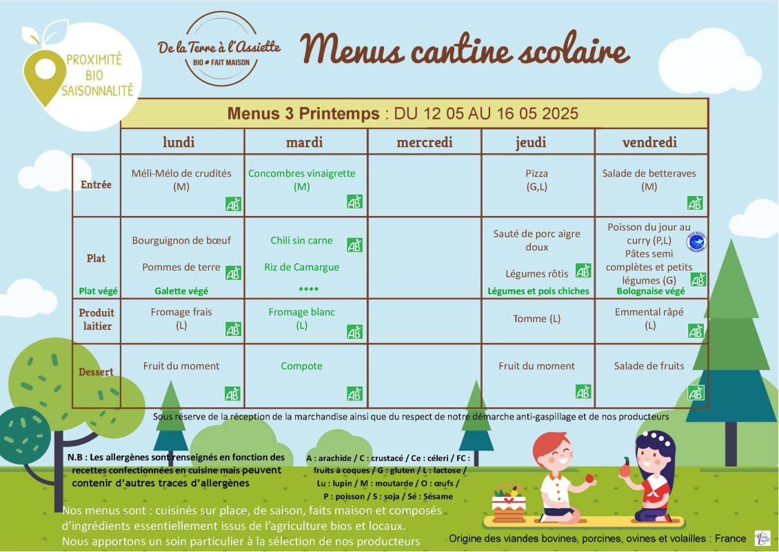 Menus restauration scolaire du 12 au 16 mai