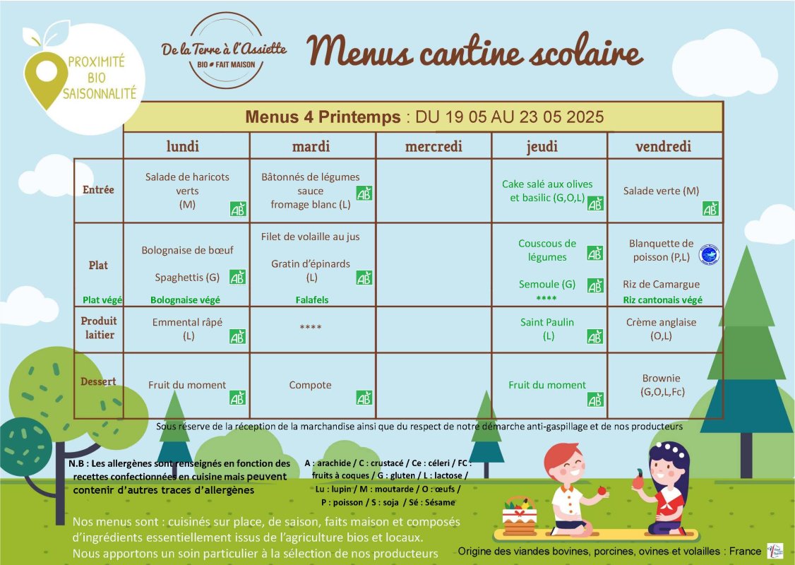 Menus restauration scolaire du 19 au 23 mai