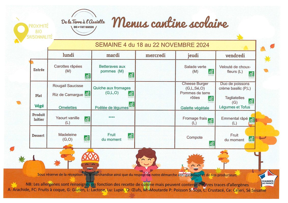 Menus restauration scolaire du 18 au 22 novembre 2024