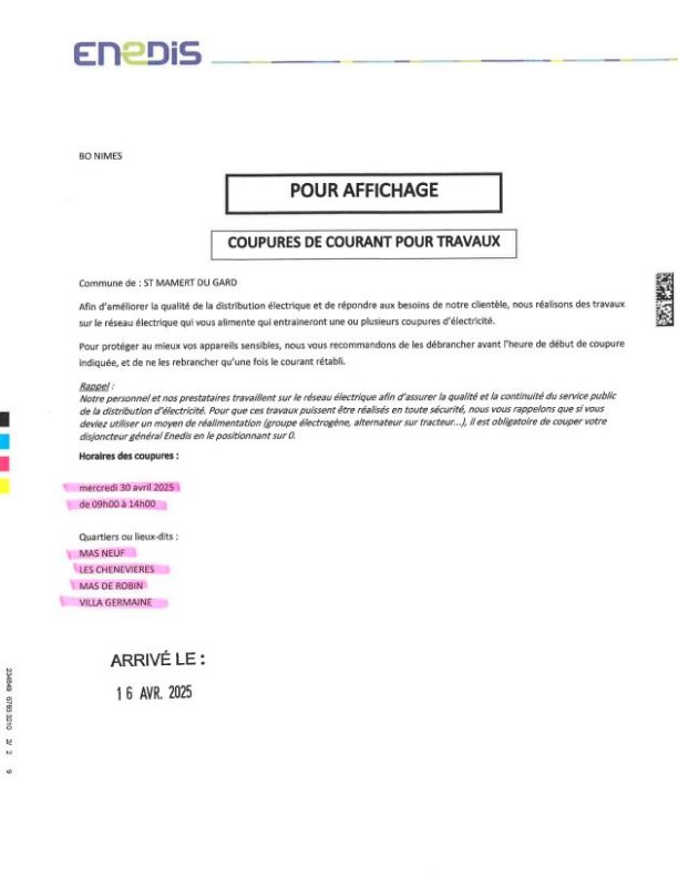ENEDIS coupure courant mercredi 30 avril 2025 de 9h à 14h