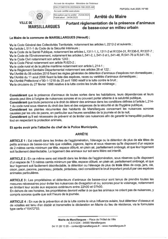 Arrêté portant règlementation de la présence d'animaux de basse-cour en milieu urbain