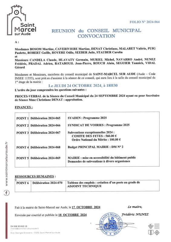 CONSEIL MUNICIPAL. JEUDI 24 OCTOBRE 2024. SALLE DU CONSEIL 18h30.