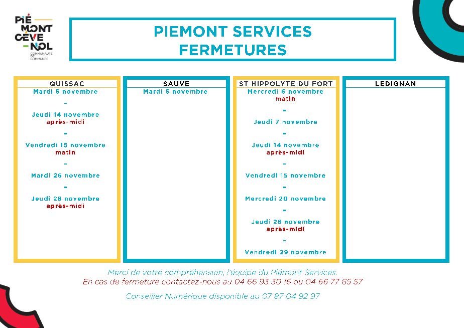 Piémont Services - Fermetures de Novembre