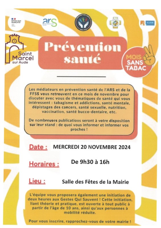 Journée Prévention Santé et Gestes qui sauvent : Fédération Française de Sauvetage et de Secourisme Mercredi 20 novembre Salle des fêtes Mairie.