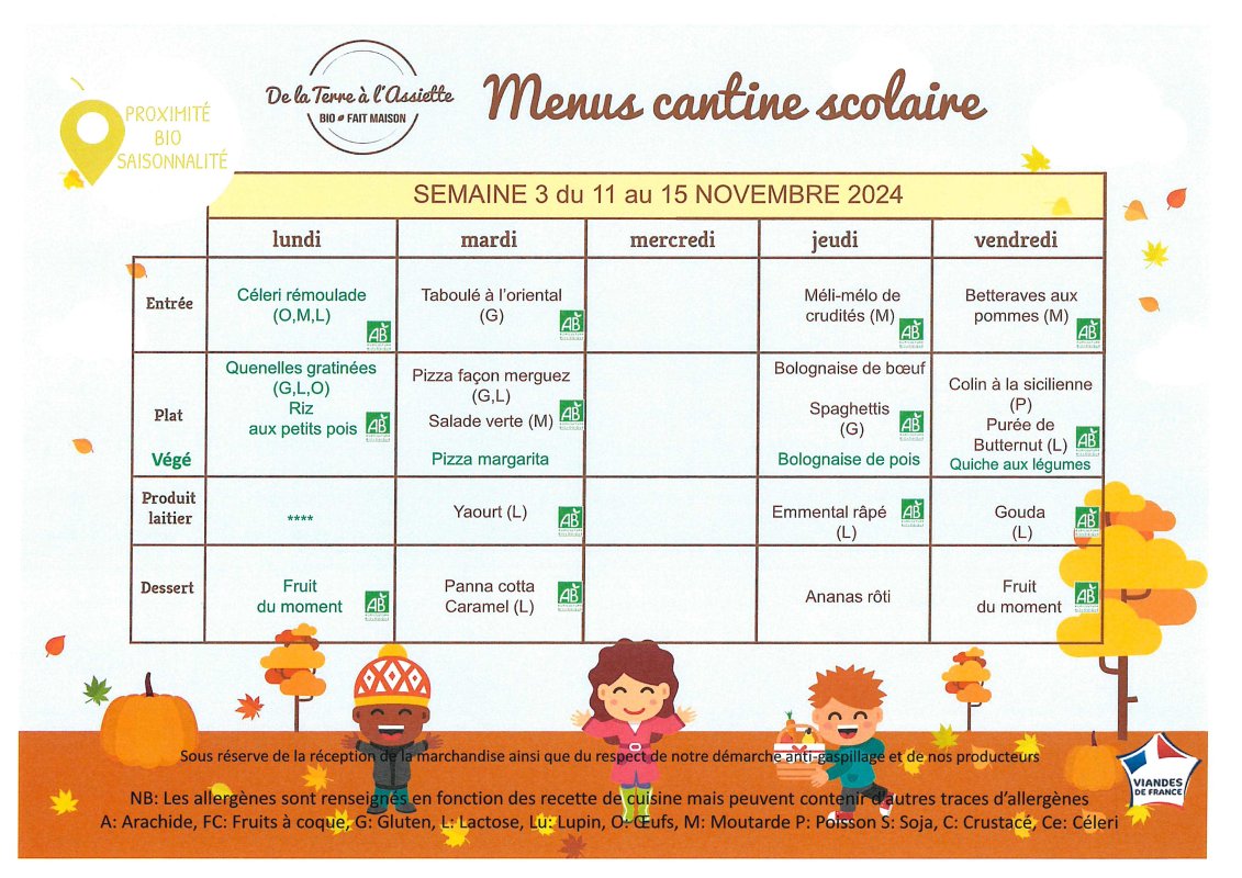 Menus restauration scolaire du 12 au 15 novembre 2024