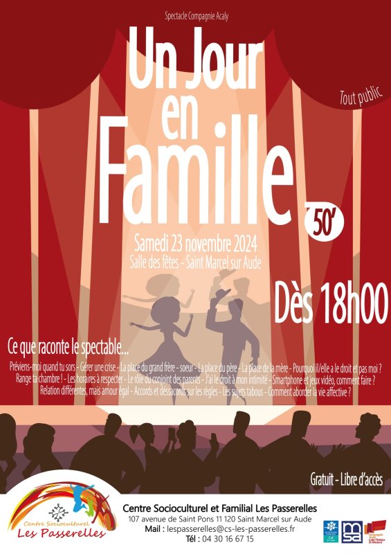 Passerelles : Spectacle en famille. Salle des fêtes de la Mairie. Samedi 23 novembre.