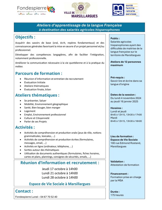 Ateliers d'apprentissage de la langue française à destination des salariés agricoles hispanophones