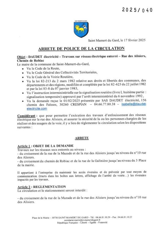 Arrêté travaux (rue des Alisiers, chemin de Robiac) à partir du 24/02/2025