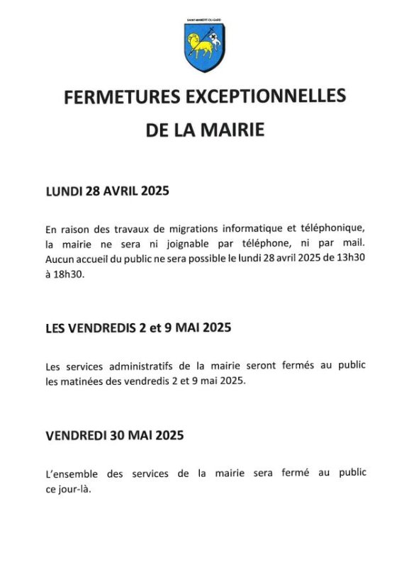 FERMETURE EXCEPTIONNELLES MAIRIE