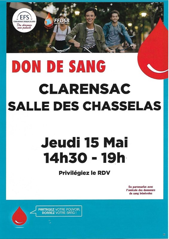 DON DU SANG - JEUDI 15 MAI - SALLE DES CHASSELAS