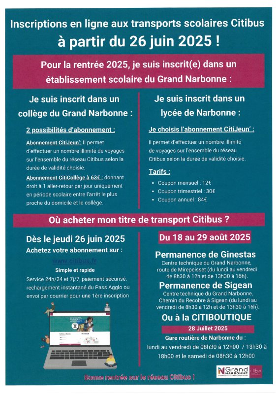RENTRÉE 2025- 2026. INSCRIPTIONS EN LIGNE POUR LES TRANSPORTS SCOLAIRES CITIBUS.