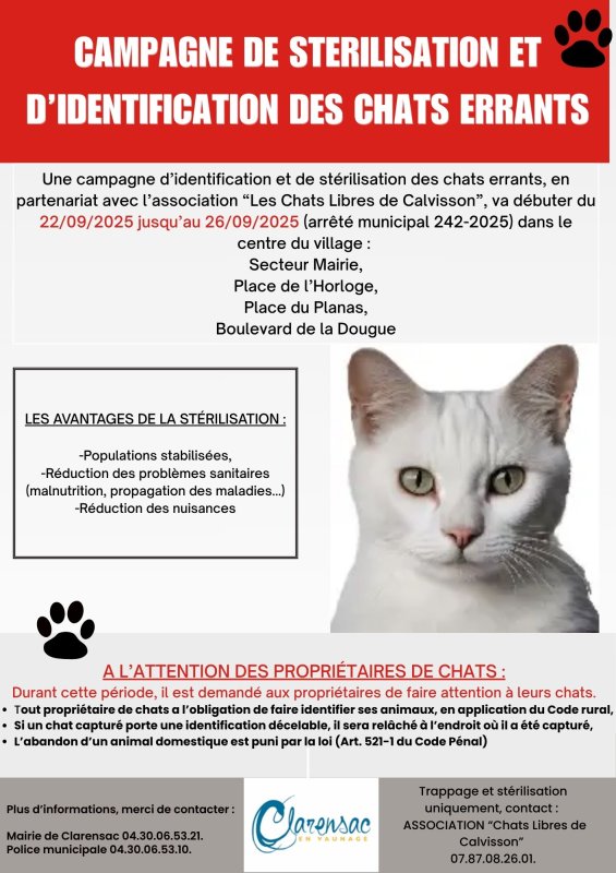 DU 22 AU 26 SEPTEMBRE  : CAMPAGNE DE STERILISATION