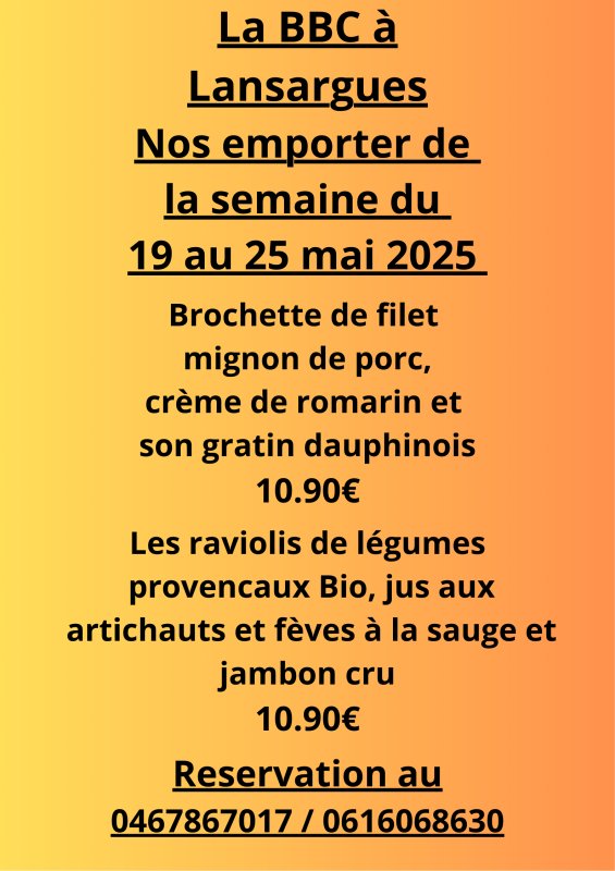 emporter de la bbc Lansargues semaine du 19 mai 2025