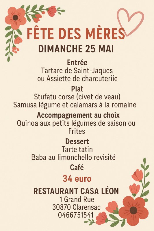 Menu fête des mères dimanche midi sur réservation