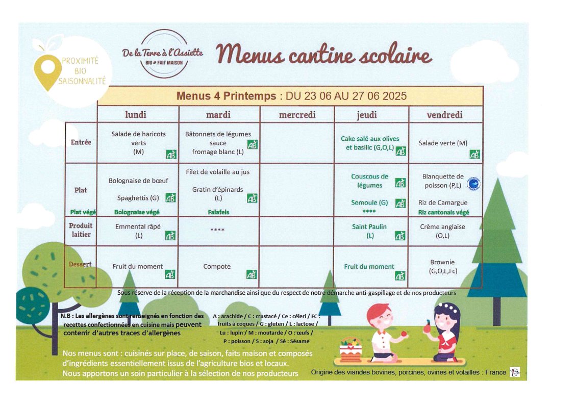 Menus restauration scolaire du 23 au 27 juin 2025