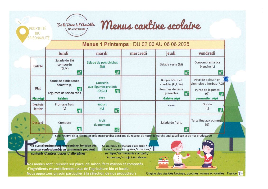 Menus restauration scolaire du 2 au 6 juin 2025