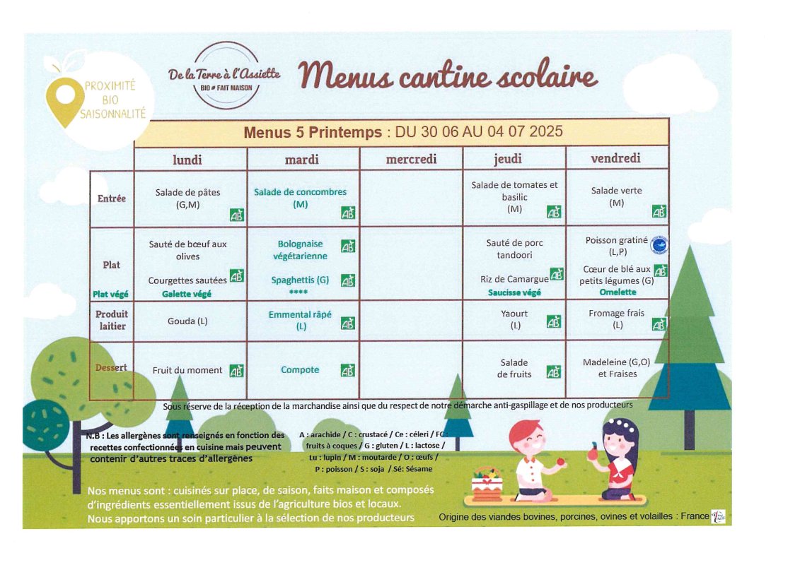Menus restauration scolaire du 30 juin au 4 juillet 2025