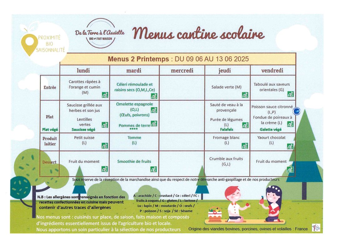 Menus restauration scolaire du 10 au 13 juin 2025
