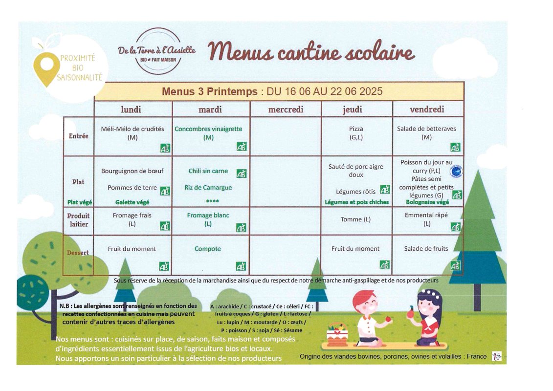 Menus restauration scolaire du 16 au 20 juin 2025