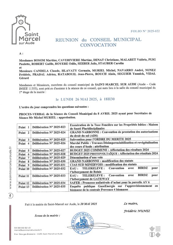 Évènement : CONSEIL MUNICIPAL. SALLE DU CONSEIL. LUNDI 26 mai 2025 à 18h30.