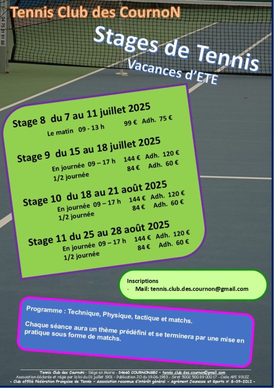 STAGES de TENNIS  Vacances d'été 2025