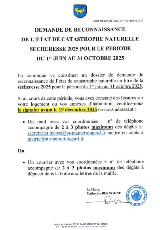 Demande de reconnaissance de l'état de catastrophe naturelle année 2025