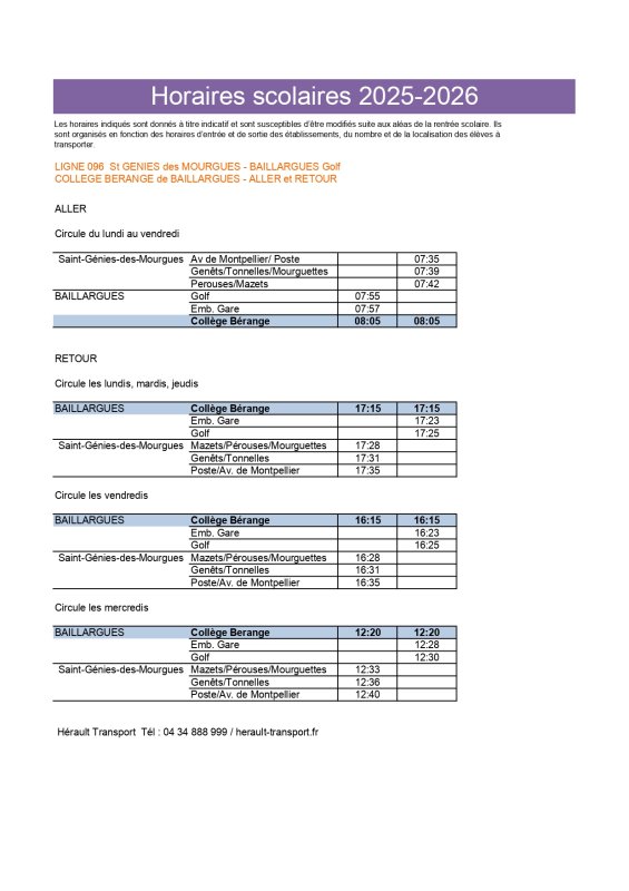 HORAIRE TRANSPORT SCOLAIRE COLLEGE BAILLARGUES