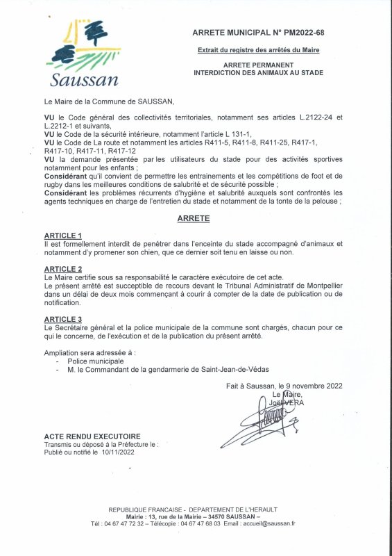 Rappel arrêté permanent : Interdiction des animaux sur le stade