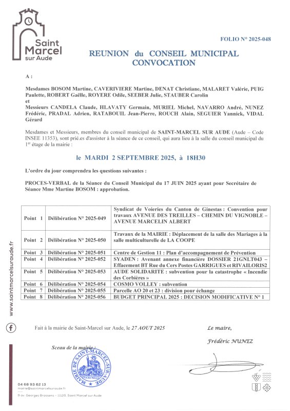 CONSEIL MUNICIPAL. SALLE DU CONSEIL. MARDI 2 SEPTEMBRE 2025 18h30.