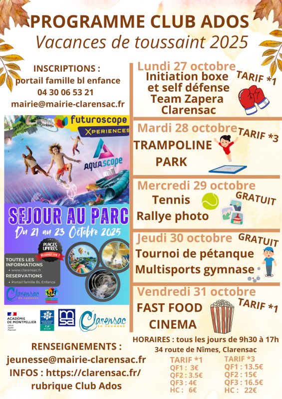Programme du Club Ados pour les vacances de la Toussaint