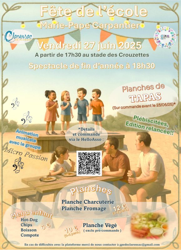 Vendredi 27 juin à partir de 17h30 Spectacle de fin d'année élémentaire