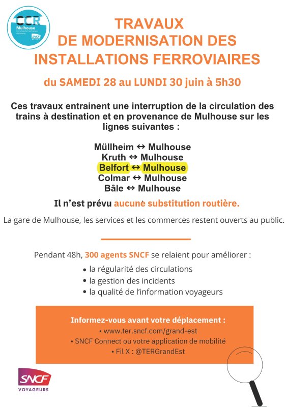 Interruption de la circulation des trains du samedi 28 au lundi 30 juin
