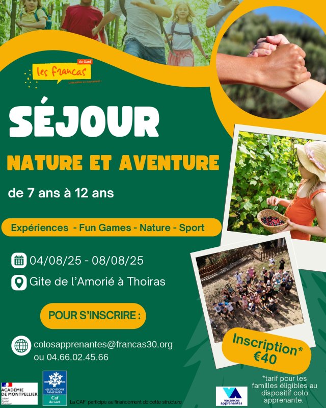 Francas du Gard - Colo Apprenante "Nature et aventure" du 4 au 8 août 2025 à Thoiras