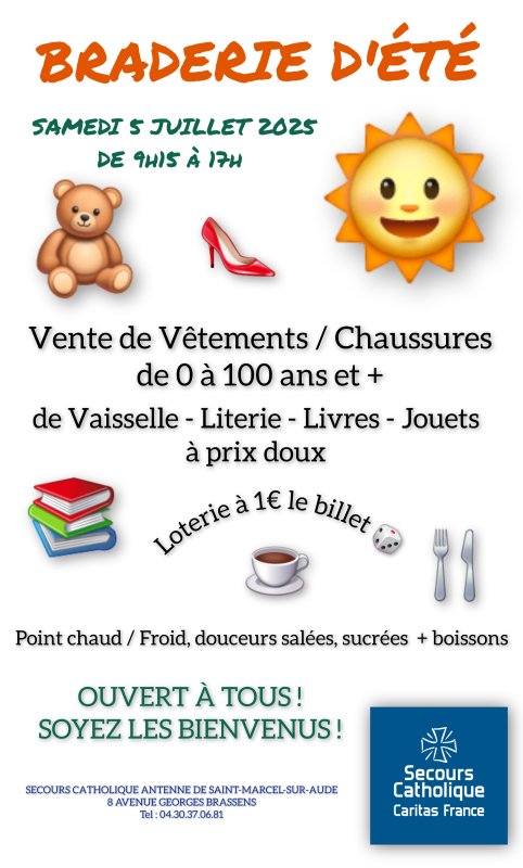 BRADERIE D'ÉTÉ DU SECOURS CATHOLIQUE SAMEDI 5 JUILLET 9h-17h.