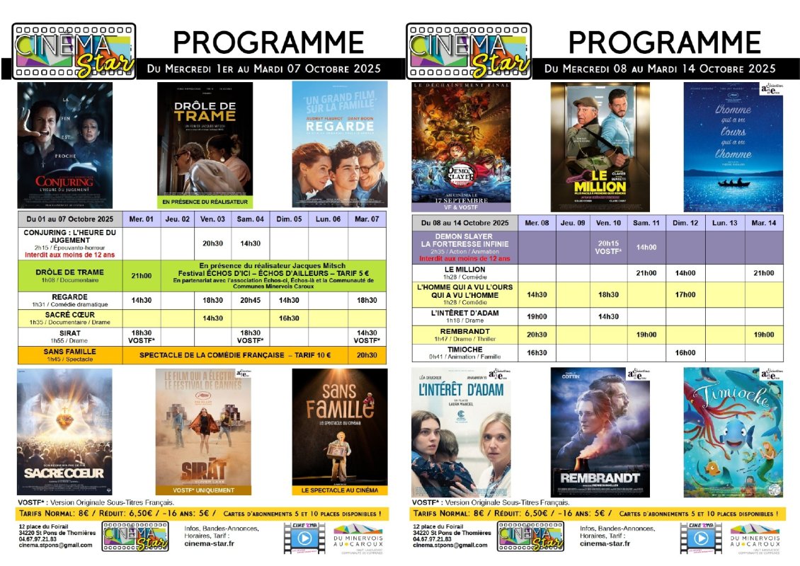 CINESTAR  Programmation du 01/10/2025 au 07/10/2025