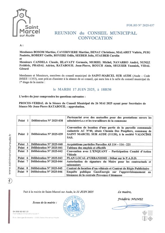 CONSEIL MUNICIPAL. SALLE DU CONSEIL. MARDI 17 JUIN 2025 18h30.