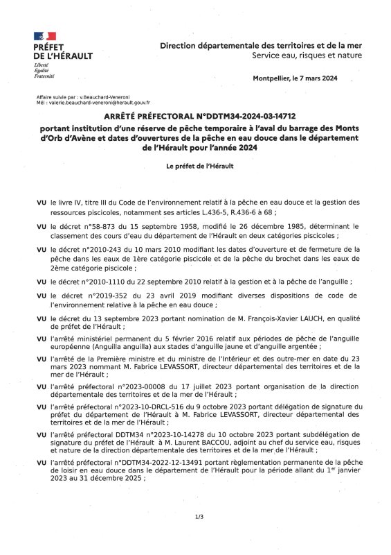 Réglementation permanente de la pêche de loisir en eau douce dans le département de l'Hérault - 2023-2025