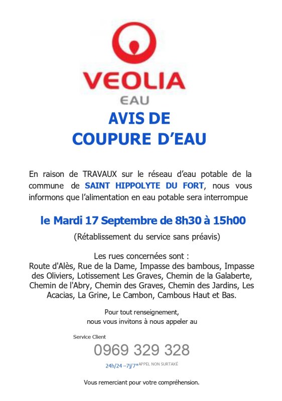 Avis de coupure d'eau pour travaux - Mardi 17 Septembre de 8h30 à 15h00