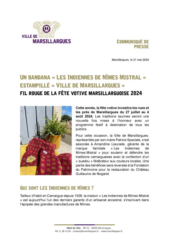 Un bandana "Les Indiennes de Nîmes Mistral" estampillé "Ville de Marsillargues : fil rouge de la fête votive 2024
