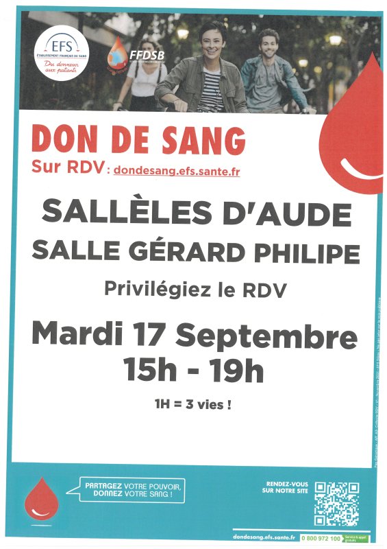 DON DE SANG. Sallèles d'Aude Mardi 17 septembre 15h-19h.