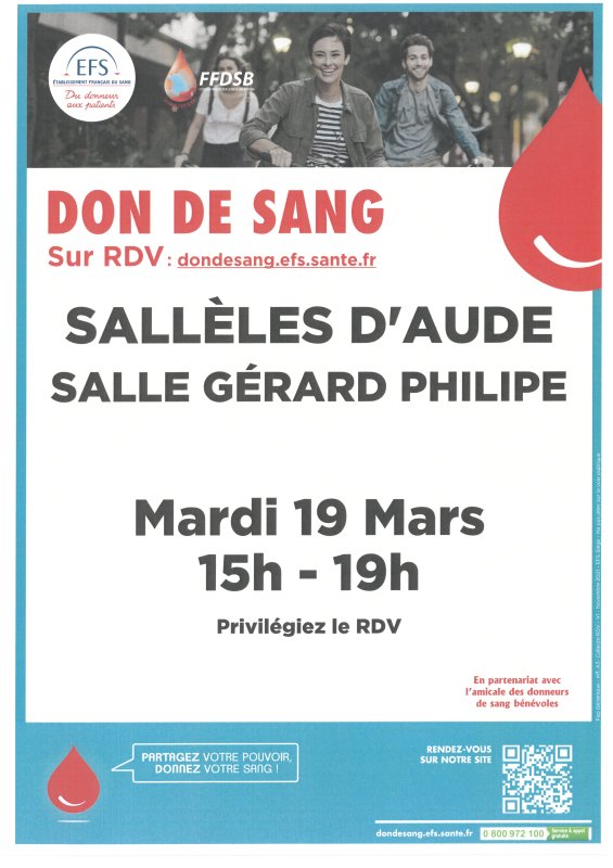 Collecte de sang le mardi 19 mars à Sallèles d'Aude.