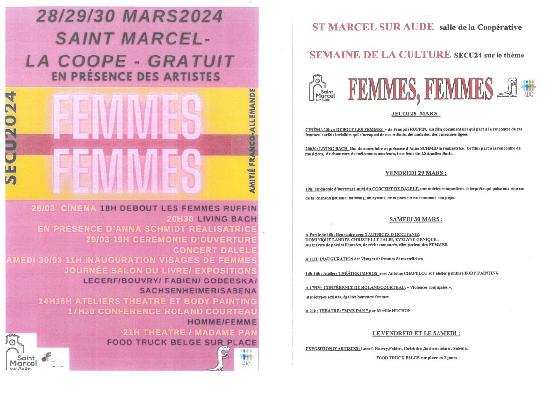 Semaine de la Culture : LES FEMMES. Du Jeudi 28 au samedi 30 mars. Salle La COOPÉ.
