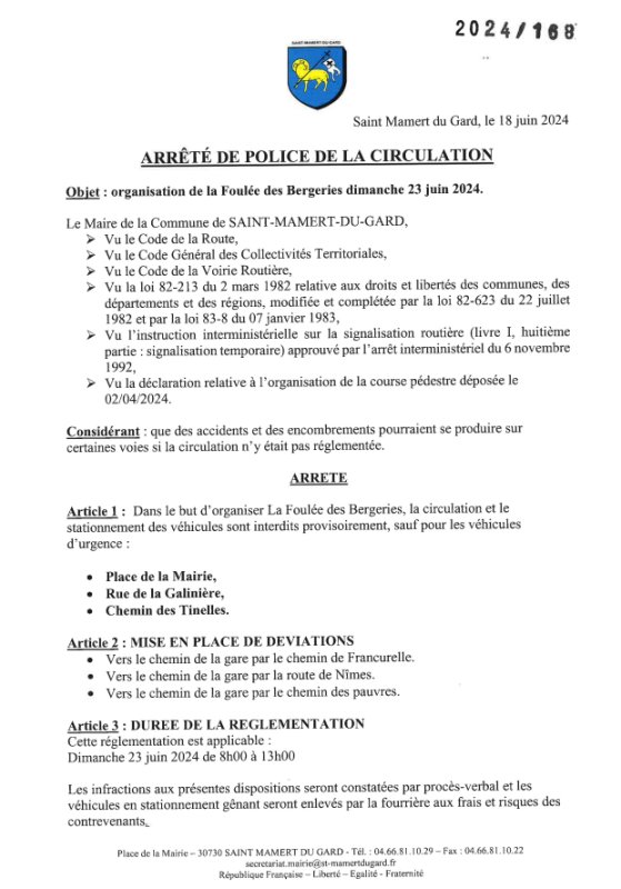 ARRETE DE POLICE DE LA CIRCULATION - FOULEE DES BERGERIES - DIMANCHE 23 JUIN