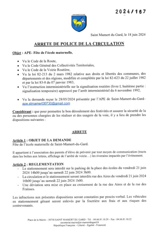 ARRETE DE POLICE DE LA CIRCULATION FETE - ECOLE MATERNELLE - VENDREDI 21 JUIN