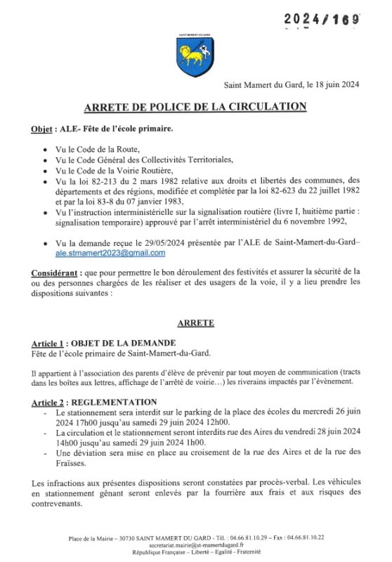 ARRETE DE POLICE DE LA CIRCULATION - FETE ECOLE ELEMENTAIRE - VENDREDI 28 JUIN