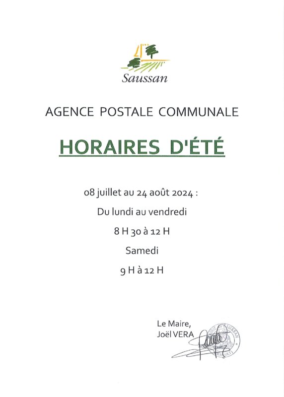 Horaires d'été de l'agence postale communale